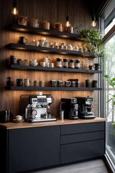 a coffee bar with lots of cups on the shelves