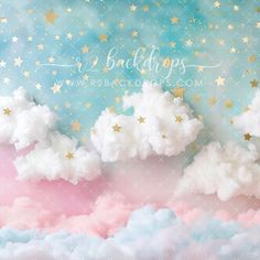 some clouds and stars in the sky on a blue, pink, and white background