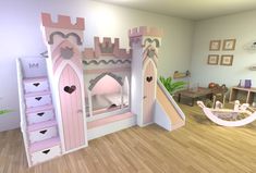 a pink princess's castle bed with stairs to the top and bottom, in a child's room