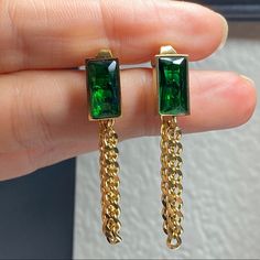 Gorgeous Pair Of Unique Luxury Boutique Earrings, That You Will Be Sure To Receive Many Compliments On! Boutique Quality Gold Plated Over Stainless Steel Chain Links Complete With Beveled & Captivating Simulated Green Emerald Cz Gemstones. Genuine Natural Emeralds Of This Size Would Cost $1,000’s! Buy 2, Get 1 On All Jewelry Items From My Closet! (Free Item Will Be Of Equal Or Lesser Value) Check Out My Other Unique Boutique Jewelry! Gold Plated Over Stainless Steel Boutique Quality Alloy, Hypoa Plated Drop Clip-on Earrings As Gift, Yellow Gold-plated Earrings With Adjustable Chain, Yellow Gold Plated Earrings With Adjustable Chain, Gift Gold Plated Tarnish Resistant Clip-on Earrings, Green Metal Earrings For Formal Occasions, Elegant Metal Jewelry For May Birthstone, Formal Green Plated Jewelry, Green Gold-plated Pierced Earrings, Pierced Green Gold-plated Earrings