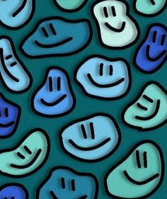 an abstract painting of blue and white smiley faces on a green background with black edges