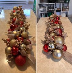 two pictures of christmas decorations on a table