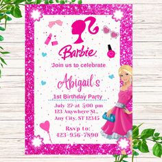 barbie birthday party invitation with pink glitter