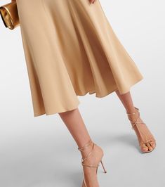 Silk A-line Midi Dress For Dinner, Chic A-line Satin Dress For Formal Occasions, Chic Satin A-line Midi Dress, Feminine Formal Midi Dress, Chic Silk A-line Dress For Work, Sleek Viscose Midi Dress For Summer, Chic A-line Silk Satin Dress, Silk Midi Dress For Party, Chic Satin Dress For Spring Workwear