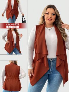 Camel Casual Collar Sleeveless Knitted Fabric Plain Other Embellished Slight Stretch  Women Plus Clothing Vest For Apple Shape, Draped Collar, Apple Shape, Plus Size Coats, Plus Clothing, Length Sleeve, Knitted Fabric, Sleeve Length, Plus Size