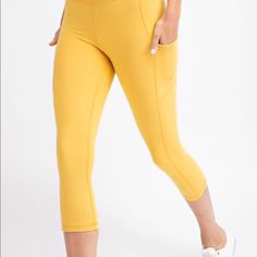 Capri Length With A True Yoga Waistband. Buttery Creamy Soft With A Pocket On Each Thigh. These Look Sooooo Good With So Many Colors! Try Them With Our Star Shirt! *Wink* Available In All Sizes! Yellow Pants With Side Pockets, Yellow Stretch Yoga Pants For Yoga, Yellow Workout Leggings For Spring, Yellow Spring Workout Leggings, Spring Yellow Workout Leggings, Casual Yellow Leggings For Yoga, Casual Yellow Yoga Pants, Yellow Stretch Leggings For Spring, Casual Yellow Gym Leggings