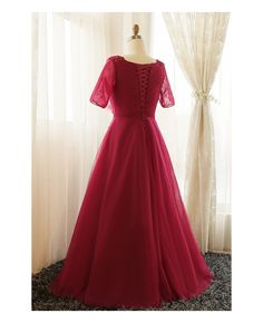 Shop affordable plus size burgundy long tulle formal party dress with short sleeves online. Custom-made any plus size or color. Pro since 2009. Short Sleeve Gown For Prom Season, Short Sleeve Tulle Evening Gown, Formal Tulle Dress With Short Sleeves, Formal Short Sleeve Gown For Prom Season, Evening Tulle Gown With Short Sleeves, Short Sleeve Tulle Gown For Banquet, Red Short Sleeve Evening Gown, Formal Tulle Gown With Short Sleeves, Short Sleeve Tulle Evening Dress For Party