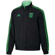 a black jacket with green stripes on the sleeves and side stripeing is worn by a soccer player