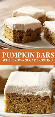 pumpkin bars with brown sugar frosting are on white plates, and one is cut in half