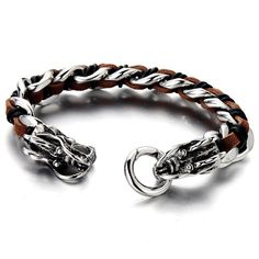 Brand: COOLSTEELANDBEYONDColor: 03Features: Stainless Steel Mens Dragon Curb Chain Bracelet Interwoven with Brown Genuine Leather Strap Metal:Stainless Steel Material:Brown genuine leather Dimension:20CM(7.87")long x1.7CM(0.67")thick x1.6CM(0.63")wide Package:Jewelry Box with Brand Name COOLSTEELANDBEYOND Details: *Condition:100% brand new *Code:MB-675 *Metal:Stainless Steel *Material:Brown genuine leather *Finishing:Polished and Blackened *Dimension:20CM(7.87")long x1.7CM(0.67")thick x1.6CM(0.6 Curb Chain Bracelet, Unique Jewelry Designs, Men's Jewelry, Curb Chain, Stainless Steel Material, Chain Bracelet, Leather Straps, Jewelry Box, Jewelry Collection