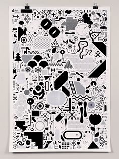 an abstract black and white poster with various objects on it's back side, all in different shapes and sizes