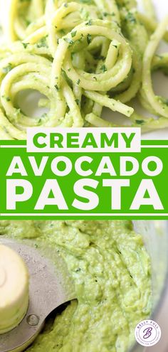 creamy avocado pasta in a blender with the title overlay above it