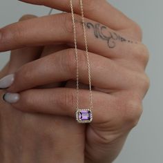 "Here is a dainty, delicate and simple, yet classy minimalist 14 Prong lab created Amethyst Solitaire W/ Cz Pave stone Necklace. The stunning necklace is your best choice and the best gift for the ones you want to cherish on Valentine's Day, Christmas, Birthday, Mother's Day and other important occasions. Pendant Width: 0.37 inches /  9.40 mm  Pendant High: 0.30 inches/ 7 .62mm  Product Features: * Made to Order  * Gold KT: 14K Solid Gold (not filled, not gold vermeil, not plated) * Gold Color: Minimalist Gemstone Birthstone Necklace For Wedding, Dainty Amethyst Jewelry For Formal Occasions, Elegant Amethyst Birthstone Necklace, Timeless Amethyst Jewelry Gift, Dainty Gemstone Birthstone Necklace For Formal Occasions, Formal Dainty Birthstone Necklace With Gemstones, Dainty Formal Birthstone Necklace With Gemstone, Minimalist Birthstone Necklace For Formal Occasions, Dainty Formal Birthstone Necklace