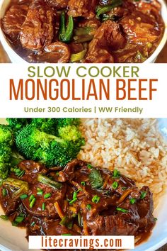 beef and broccoli in a slow cooker recipe on a plate with rice