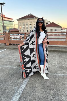 Black Winter Outerwear With Kimono Sleeves, Black Outerwear With Kimono Sleeves For Winter, Bohemian Black Poncho For Fall, Long Multicolor Outerwear For Vacation, Multicolor Long Outerwear For Vacation, Black Shawl Outerwear For Festival, Oversized Winter Poncho For Vacation, Oversized Winter Vacation Poncho, Oversized Hooded Festival Outerwear