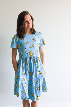 Adorable ADULT banana dress with pockets. *Please note that the bottom of the dress is curved upward on the sides, as pictured* 93% Terylene 7% Spandex Ready to ship immediately! Matching Products available in shop Suggested Care Instructions: Hand or Delicate Wash. Hang dry. Size Chart (approx measurements): XS (0-2): Bust - 32-33 inches, Waist - 24-25 inches S (4-6): Bust - 34-35 inches, Waist - 26-27 inches M (8-10): Bust - 36-37 inches, Waist - 28-29 inches L (12-14): Bust - 38-40 inches, Wa Stretch Dress With Pockets And Short Sleeves, Casual Fitted Dress With Side Pockets, Short Sleeve Dresses With Side Pockets For Daywear, Stretch Dresses With Side Pockets For Spring, Spring Stretch Dresses With Side Pockets, Spring Dresses With Side Pockets And Stretch, Fitted Blue Dresses With Side Pockets, Fitted Summer Midi Dress With Side Pockets, Stretch Cotton Dresses With Pockets