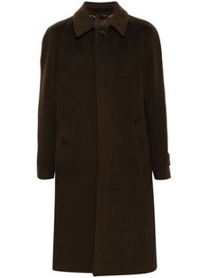 Brown Single Breasted Pea Coat With Lapel Collar, Long Brown Outerwear For Work, Wool Long Coat With Button Cuffs, Long Brown Wool Outerwear, Brown Pea Coat With Pockets For Formal Occasions, Formal Brown Pea Coat With Pockets, Brown Wool Coat With Notch Lapel And Buttons, Brown Wool Coat With Lapel Collar And Concealed Placket, Classic Brown Pea Coat With Hidden Button Closure