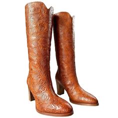 Extremely Rare And Absolutely Stunning! Frye Tooled Brown Leather Italian Western Tall Knee High Boots In New Condition Women’s Size 9.5 Made In Italy, Where Some Of Frye’s Finest Boots Were Produced Golden Brown Hand Tooled Leather Tall Knee High Height Rounded Almond Toe Boot Pulls High Block Heel Approx Measurements Total Ht 17-1/4” Shaft Ht 16” Heel 3-1/4” Circ At Shaft Opening 14” Est. Retail $1000+ New, Unworn, No Box Price Is Firm Based On Poshmark’s 20% Commission. At Botablu, Our World Chic Leather Boots For Western-themed Events, Elegant Leather Boots For Western-themed Events, Chic Leather Boots For Ranch, Chic Leather Ranch Boots, Almond Toe Boots, Nyc Fall, Brown Knee High Boots, Boot Pulls, Brown Hand