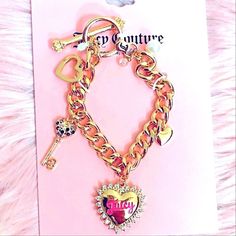 New W/ Box 2" Circumference When Clasped- Adjustable Heart Locket Bracelet, Chunky Charm Bracelet, Juicy Couture Charms Bracelet, Girls Winter Fashion, Juicy Couture Bracelet, Logo Heart, Lock Chain, Juicy Couture Accessories, Heart Lock