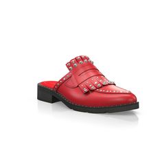 Red Flat Slip-ons With Leather Sole, Red Leather Flats With Round Toe, Red Flat Loafers For Galas, Red Slip-on Mules With Rubber Sole, Red Almond Toe Flats With Leather Sole, Red Pointed Toe Loafers For Galas, Red Leather Flats With Pointed Toe, Red Closed Toe Flats With Leather Sole, Red Leather Closed Toe Flats