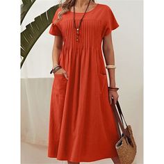 Season:Summer,Spring; Fabric:Linen Cotton Blend; Sleeve Length:Short Sleeve; Look After Me:Machine wash; Gender:Women's; Style:Basic,Modern; Elasticity:Inelastic; Occasion:Daily,Weekend; Fit Type:Loose Fit; Dresses Type:Cotton Linen Dress,Casual Dress; Pattern:Plain; Design:Pocket; Neckline:Crew Neck; Front page:FF; Listing Date:03/01/2024; Production mode:External procurement; 2024 Trends:2023; Bust:; Length:; Shoulder Width:; Sleeve:; Waist:; Dress Length Type:Midi Dress; Print Type:non-printi Casual Dress Midi, Spring Red, Cotton Linen Dresses, Plain Dress, Trends 2023, Style Basic, Spring Fabric, 2024 Trends, Dress Cotton