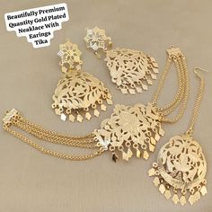 This Is Beautiful Punjabi Jadau Necklace With Gold Plated Earings For Women And Girls | Gold Plated And Pearl Jewellery | Sangeet Jewellery | Punjabi Jewellery | Nikah Jewellery | Indian Wedding / Gold Plated Set / One Gram Gold Set / Gold Necklace Set Made With Gold Plated , Pearls , Beads , Pipal Patti . Thank You :) Traditional Kundan Jewelry With Filigree Details, Traditional Kundan Jewelry With Filigree, Gold Bollywood Style Filigree Jewelry, Gold Filigree Bollywood Jewelry, Gold Tikka With Tilla As Gift, Gold Temple Jewelry Tikka As Gift, Gold Tikka With Latkans For Celebration, Bollywood Style Filigree Jewelry For Diwali, Bollywood Ceremonial Jewelry With Filigree Design