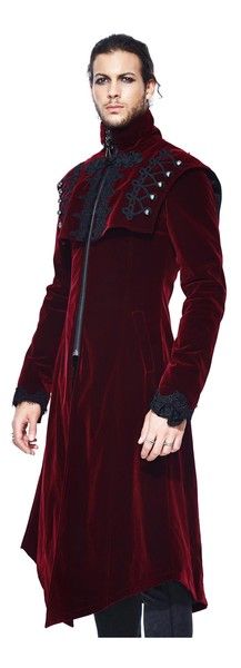 Morey Coat Red Vampire Outfit Men, Red Velvet Outerwear For Fall, Red Velvet Outerwear For Winter, Red Royal Outfit Male, Red Gothic Outerwear For Winter, Vampire Coat Men, Red Velvet Winter Outerwear, Victorian Vampire Costume, Red Gothic Winter Outerwear