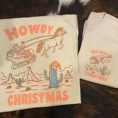 Tan, Short Sleeve, Gildan Brand (Softstyle) T Shirt With “Howdy Christmas” Printed On The Front (Small, Chest Area) & A Full Size Image Printed On The Back. Both Images Are Printed With Our Direct To Garment Printer Using Water Based Inks So The Images Are Super Light Weight! The Gildan Brand, Softstyle T Shirts Are 100% Cotton And A Unisex Fit. These Shirts Are All New With Tags And Are Made And Sold In Our Store. Christmas Light Shirt, Christmas T Shirt Ideas, Holiday Graphics, Kids Holiday, Christmas T Shirt, Cricut Vinyl, Holidays With Kids, Small Chest, Christmas Prints