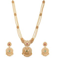 PRICES MAY VARY. MATERIAL: Binal jewelry set is made out of Brass with high quality gold-plating. This Floral theme piece is studded with opulent white red green cubic zirconia stones and induced Metal Ball. FEATURE: This traditional jewelry set includes 1 pair dangle earrings and 1 short necklace, length (Necklace- 36 cm, Earrings- 8 cm) and weight (Necklace- 100 gm, Earrings- 19 gm). The necklaces comes with Fishhook closure and has adjustable length. GIFTING: This necklace set arrives in uniq South Indian Necklace, Long Necklace Set, Indian Bridal Jewelry Sets, Bridal Jewelry Collection, Indian Necklace, Indian Jewelry Sets, Bridal Jewellery Indian, Sustainable Jewelry, Design Jewelry