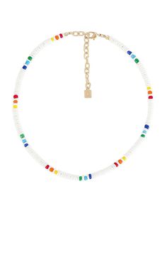 Summer Surf Necklace Made with Gold plated hardware, Lobster Clasp Closure, Heishi beads, and colorful accents to make this necklace the perfect accessory. All necklaces come with a 3 inch extender, perfect to adjust to the length of your choice <3 White Beaded Choker For Vacation, Adjustable Rainbow Necklace For Summer, Trendy White Single Strand Beaded Necklace, Summer Adjustable Rainbow Necklace, Multicolor Tiny Beads Jewelry For Beach Season, Beach Letter Beads Choker With Round Beads, Adjustable Colorful Beaded Necklaces For Vacation, White Beaded Necklace With Colorful Beads For Vacation, White Choker With Colorful Beads For Vacation