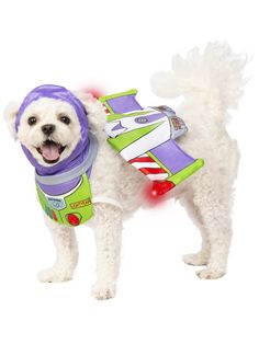 a white dog wearing a buzz lightyear costume