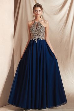 Buy Deep Blue Chiffon Halter Prom Dress with Gold Lace Color Rhinestones at wholesale price online. Free shipping and pro custom service since 2009. Prom Dresses Long A Line, Chic Prom Dresses, Chiffon Prom Dresses, Outfit Elegantes, Prom Dresses Elegant, Elegant Prom, Elegant Prom Dresses, Prom Dresses For Teens, A Line Prom Dresses