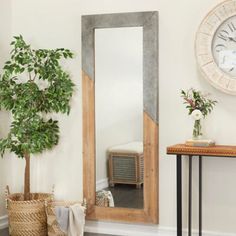 a room with a mirror, potted plant and clock on the wall