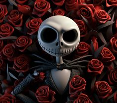 a cartoon skeleton surrounded by red roses