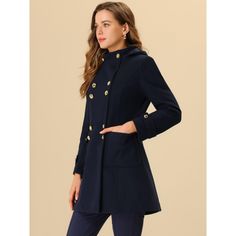 Timeless yet vintage-inspired design, this double-breasted hoodie coat is perfect for a casual and formal occasion in spring, autumn, and winter. This classic coat features a stand collar, hoodie, and pockets for wardrobe addition. Simple pair with sophisticated clutch bags and chic high-heeled shoes for a modern chic look. Slip into this coat on your way to work during cool mornings, or add it as a comfortable layer to your everyday t-shirt and jeans. Classic Hooded Pea Coat For Fall, Classic Fall Hooded Jacket With Double-lined Hood, Classic Long Sleeve Hooded Jacket With Double-lined Hood, Fall Long Sleeve Peacoat, Fall Hooded Jacket With Buttons, Double-breasted Peacoat For Fall, Spring Double-breasted Peacoat, Fitted Hooded Pea Coat For Fall, Casual Double-breasted Winter Peacoat