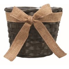 a brown basket with a bow tied around it