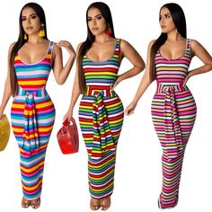 Colorful Stripes Strappy Tank Ankle-length Maxi Dress Casual Multicolor Print Maxi Dress For Day Out, Multicolor Sleeveless Midi Dress With Colorful Pattern, Sleeveless Multicolor Patterned Midi Dress, Multicolor Dresses With Colorful Pattern For Beach Season, Casual Sleeveless Midi Dress With Colorful Pattern, Sleeveless Multicolor Maxi Dress With Vibrant Print, Casual Multicolor Maxi Dress For Summer, Casual Multicolor Summer Maxi Dress, Multicolor Midi Dress For Beach Season