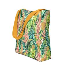 Inspired by the lush and vibrant tropical landscapes of Hawaii, this tote bag design features a stunning print of tropical leaves that will transport you to the paradise islands. Your friends' eyes will pop out at the sight of it! A spacious and trendy tote bag to help you carry around everything that matters. • Made to order • Hawaiian design is digital printed on fabric • 100% spun polyester fabric • Bag size: 15″ × 15″ (38.1 × 38.1 cm) • Capacity: 2.6 US gal (10 l) • Maximum weight limit: 44l Tropical Multicolor Shoulder Bag For Everyday, Tropical Multicolor Shoulder Bag For Everyday Use, Multicolor Tropical Everyday Shoulder Bag, Multicolor Tropical Shoulder Bag For Everyday Use, Tropical Multicolor Bags For Daily Use, Tropical Rectangular Shoulder Bag For Beach Season, Tropical Style Shopping Bags For Summer, Tropical Multicolor Tote Shoulder Bag, Tropical Multicolor Tote Bag