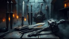 a bunch of different types of knives on a table in a dark room with candles