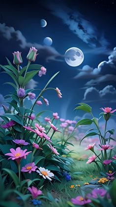 the night sky is full of clouds and flowers