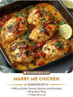 the recipe for mary me chicken is shown in a pan with lemons and herbs