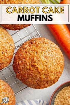 overhead photo of carrot cake muffins on a baking rack with carrots in the upper right corner and recipe title block at the top. Best Carrot Muffins Moist, Carrot Muffins Moist, November Breakfast, Carrot Cake Recipes, Carrot Muffin, Budget Bites, Healthy Carrot Cake Muffins, Today's Thought, Baked Recipe