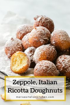 a pile of powdered doughnuts sitting on top of a white plate with the words zeppole, italian ricotta doughnuts