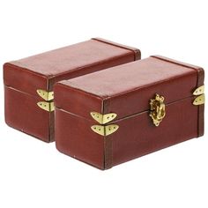 two brown suitcases sitting side by side on top of each other with gold handles