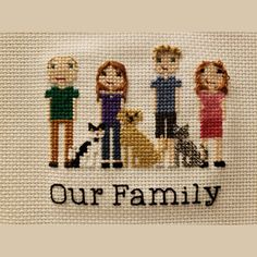 a cross stitch family is shown with the words our family written in black on it