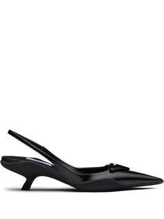 Shop Prada triangle patch slingback pumps with Express Delivery - FARFETCH Shoe Closets, Prada Triangle, Fashion Content, Heart Shoes, Fancy Shoes, Miuccia Prada, Pointed Heels, Black Leather Heels, Prada Shoes