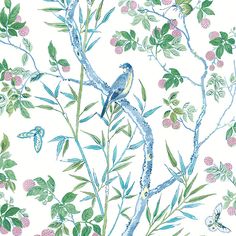 a blue bird sitting on top of a tree branch next to flowers and birds flying around