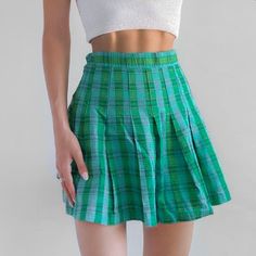 Urban Outfitters Nwt Katie Green And Blue Plaid Mini Skirt Side Zip Size Small Casual Pleated Mini Skort, Trendy Mini Hem Tennis Skirt For Summer, Casual Plaid Mini Bottoms, Casual High Waist Plaid Mini Skirt, Pleated Mini Hem Tennis Skirt For Summer, Summer Mini Hem Tennis Skirt, Summer Pleated Mini Hem Tennis Skirt, Casual Plaid Pleated Skirt, High Waist Plaid Mini Skirt For Summer