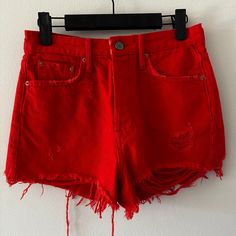 Grlfrnd Cindy Shorts In Red Denim - New With Tags - Very Soft - Button Up Fly - High Waisted Waist: 14" Flat Rise: 10 1/2" Inseam: 2" - Casual Red Go-dry Shorts, Fitted Red Jean Shorts, Red Jean Shorts, Casual Red Mini Shorts, Red Cotton Jean Shorts, Red High-waist Cotton Jean Shorts, Red Denim, Boyfriend Shorts, White Denim Shorts