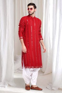 Red kurta with threadwork vine patterns, embellished by mirrorwork and sequins. Comes with patiyala. - Aza Fashions Red Kurta, Men Kurta, Mandarin Collar, Aza Fashion, Collar, Red, Pattern